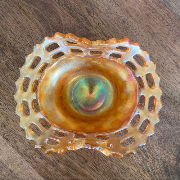 Set Of 2 Vintage Carnival Glass Basket Weave Marigold Dish with Lattice Edge - Picture 10 of 12